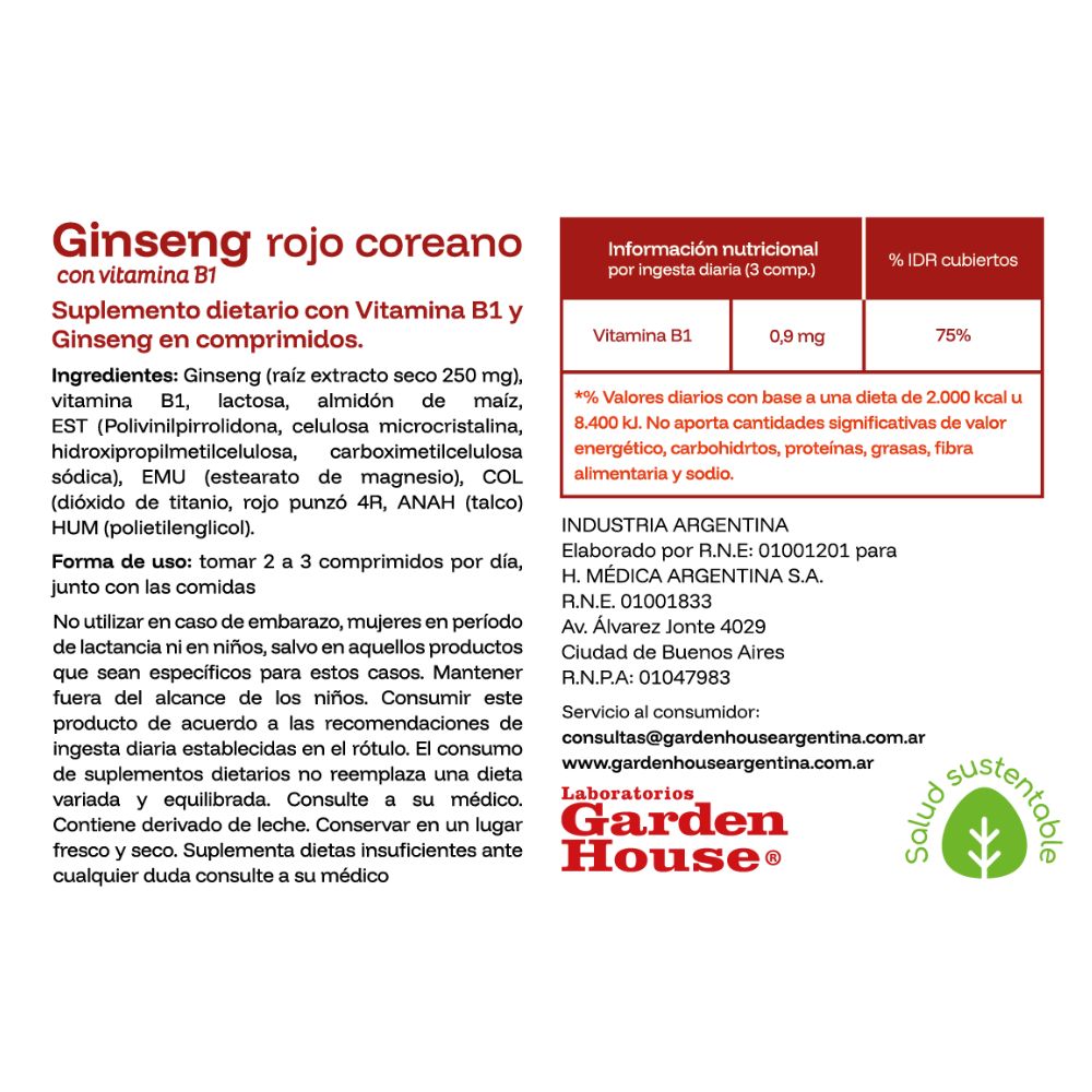 Ginseng Rojo Coreano + Vitamina B1 x 20 comprimidos - Imagen 4